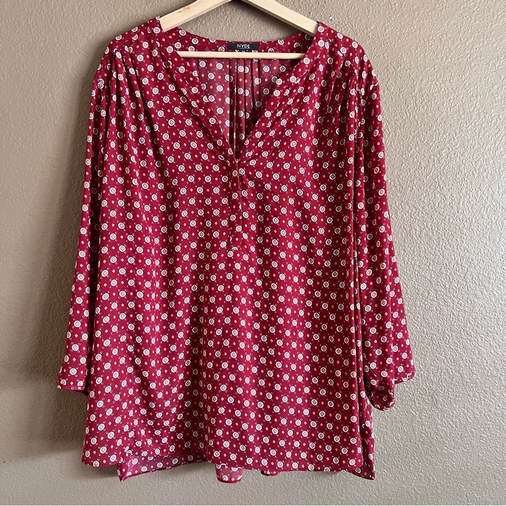 NYDJ Split Neck 3/4 Sleeve Blouse Geometric Pattern Size 3X
